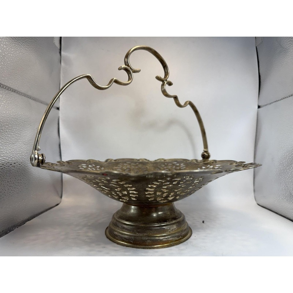 Vintage Silver Plated Pedestal Basket w Handle Hong Kong Decorative‎